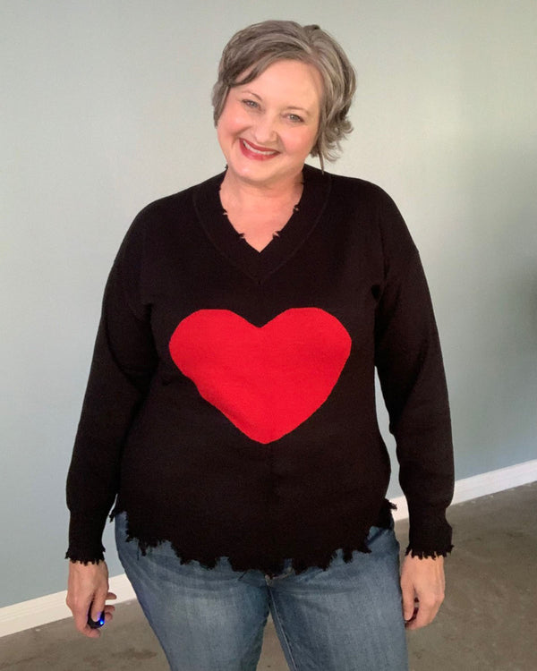Black Distressed Heart Sweater - Plus-Size Women's Clothes online | Dresses, tops, bottoms & more - Et Tu Boutique
